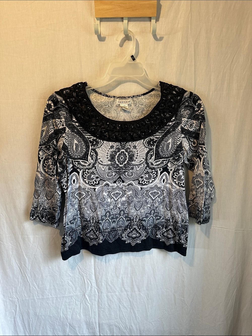 Hannah Black and White Paisley Beaded Scoop Neck Top